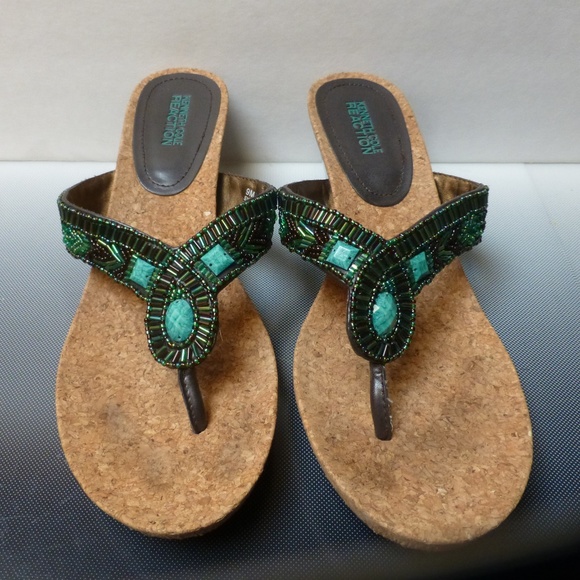 Turqu/green bling beaded wedge sandals sli… - Picture 1 of 3